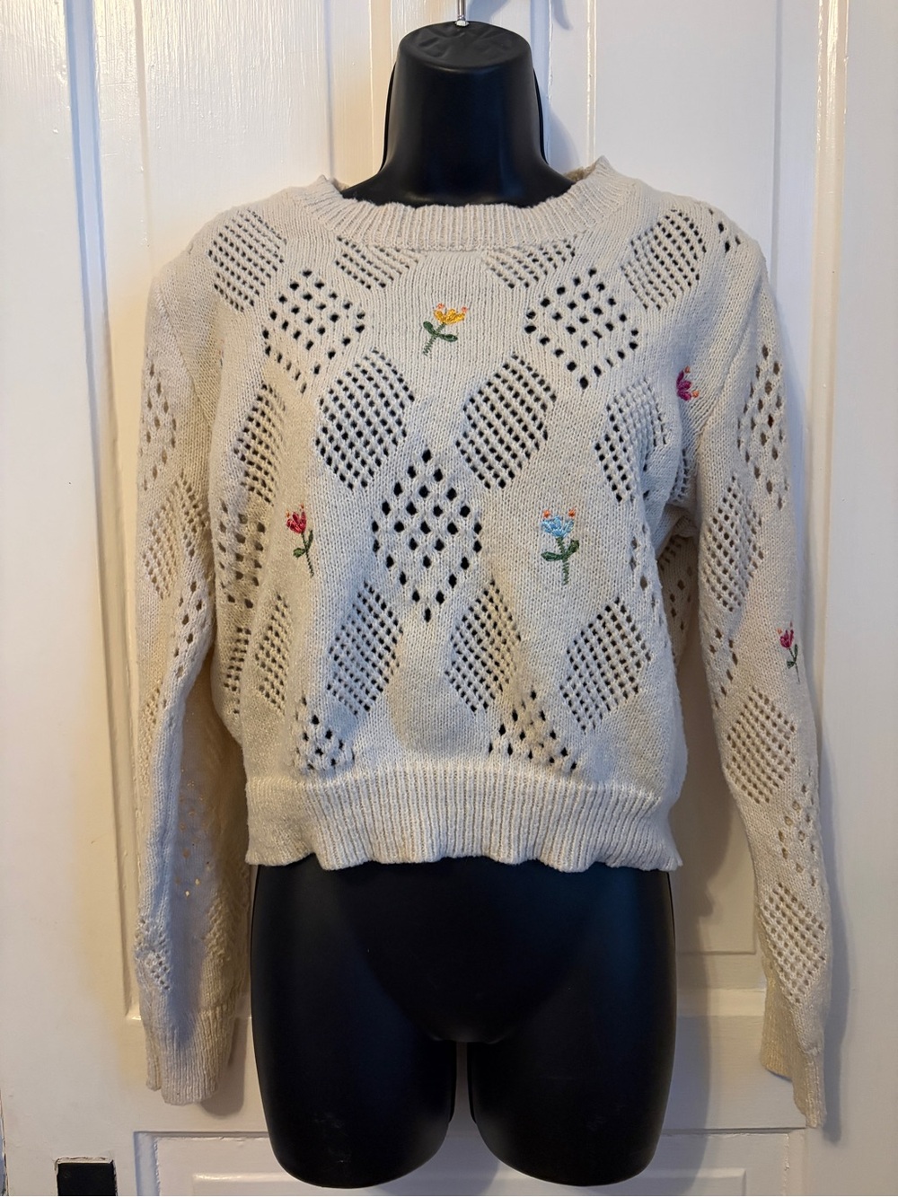Embroidered Crewneck Cropped Sweater